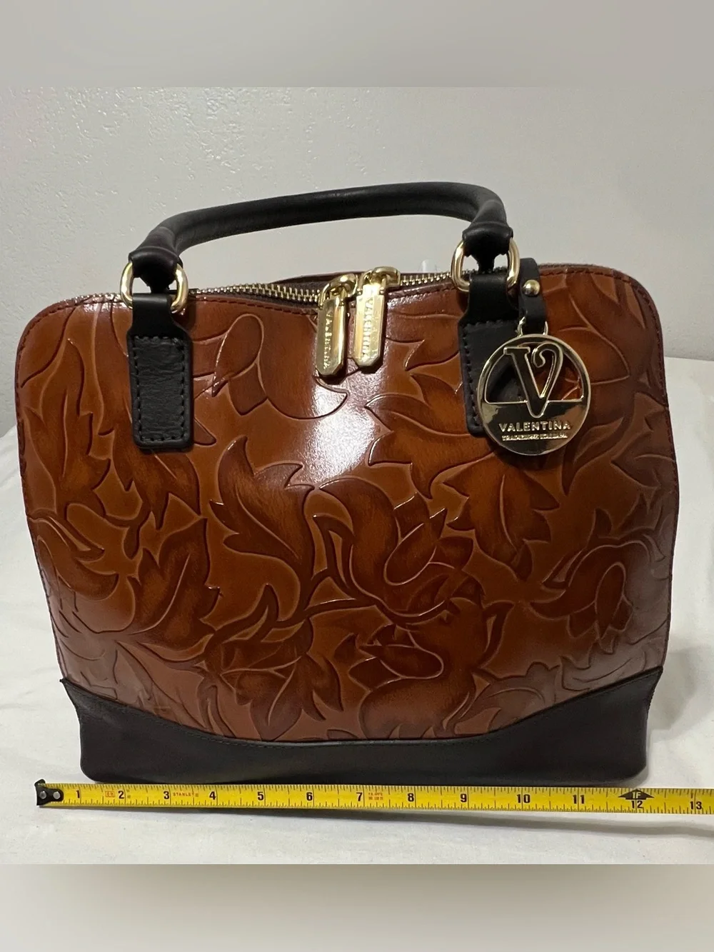 Valentina Italian Leather Cognac Embossed Floral Top Handle Satchel Bag